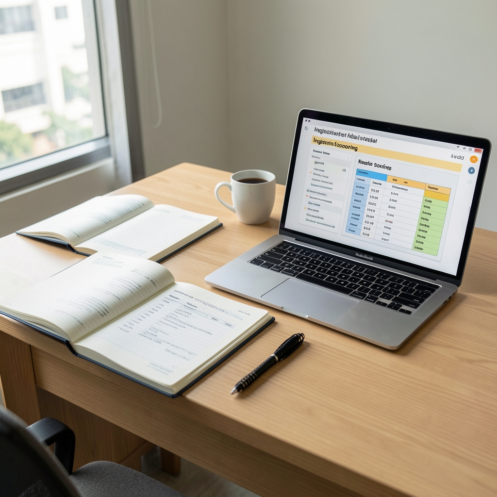 The Talevo workspace in Jakarta with open notebooks, ingredient sourcing documentation files, and a laptop displaying nutritional research on a clean wooden desk