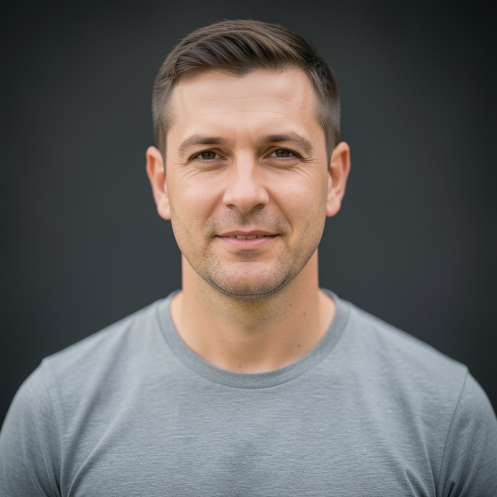 Portrait of a male nutrition professional in his mid-thirties with short hair wearing a plain grey t-shirt against a neutral dark background