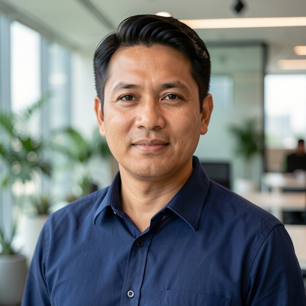 Professional headshot of a male supply-chain analyst in his forties wearing a dark blue collared shirt in a modern Jakarta office setting