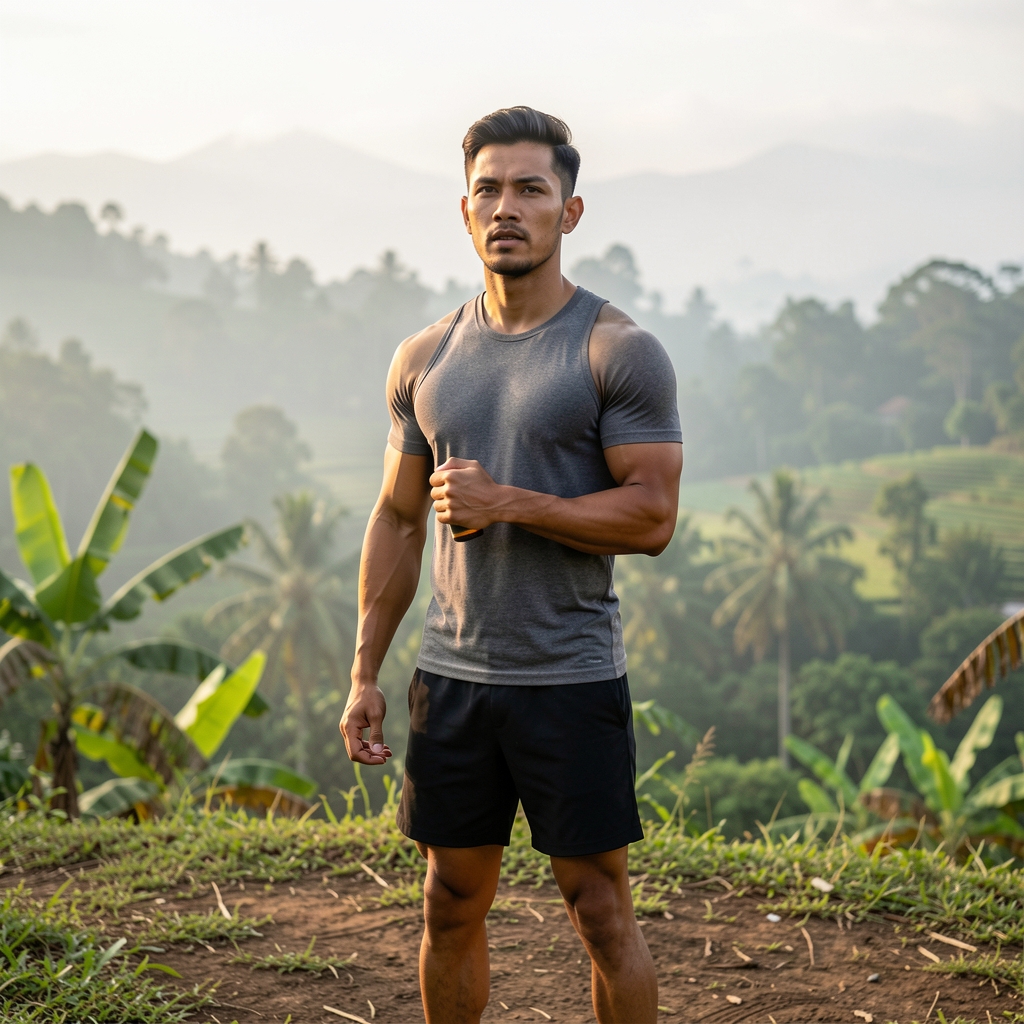 Active man in outdoor workout setting at early morning, lean physique against natural Indonesian landscape with soft diffused daylight