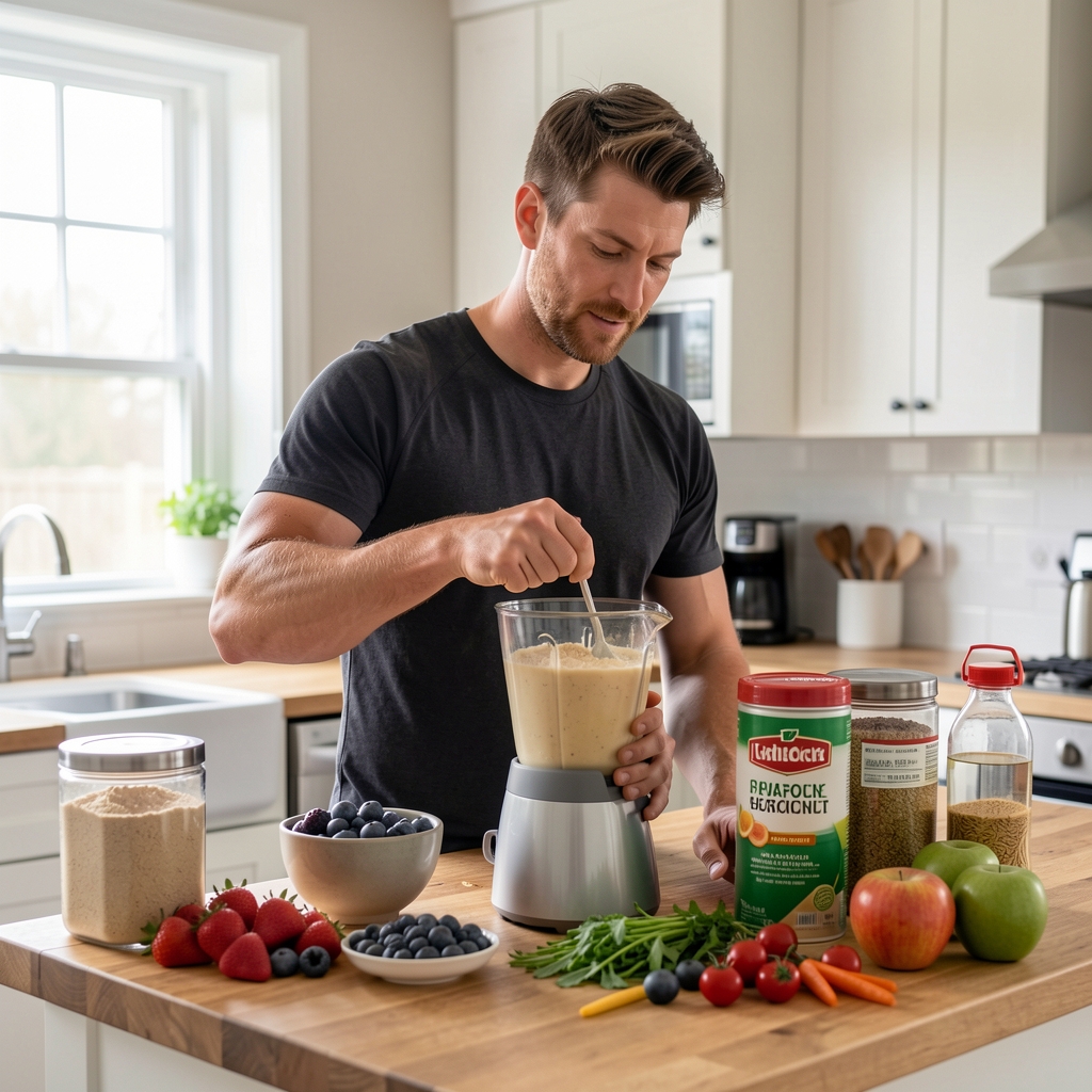Man preparing post-workout nutritional shake in a well-lit kitchen using fresh whole-food ingredients and plant-based powders on a wooden countertop