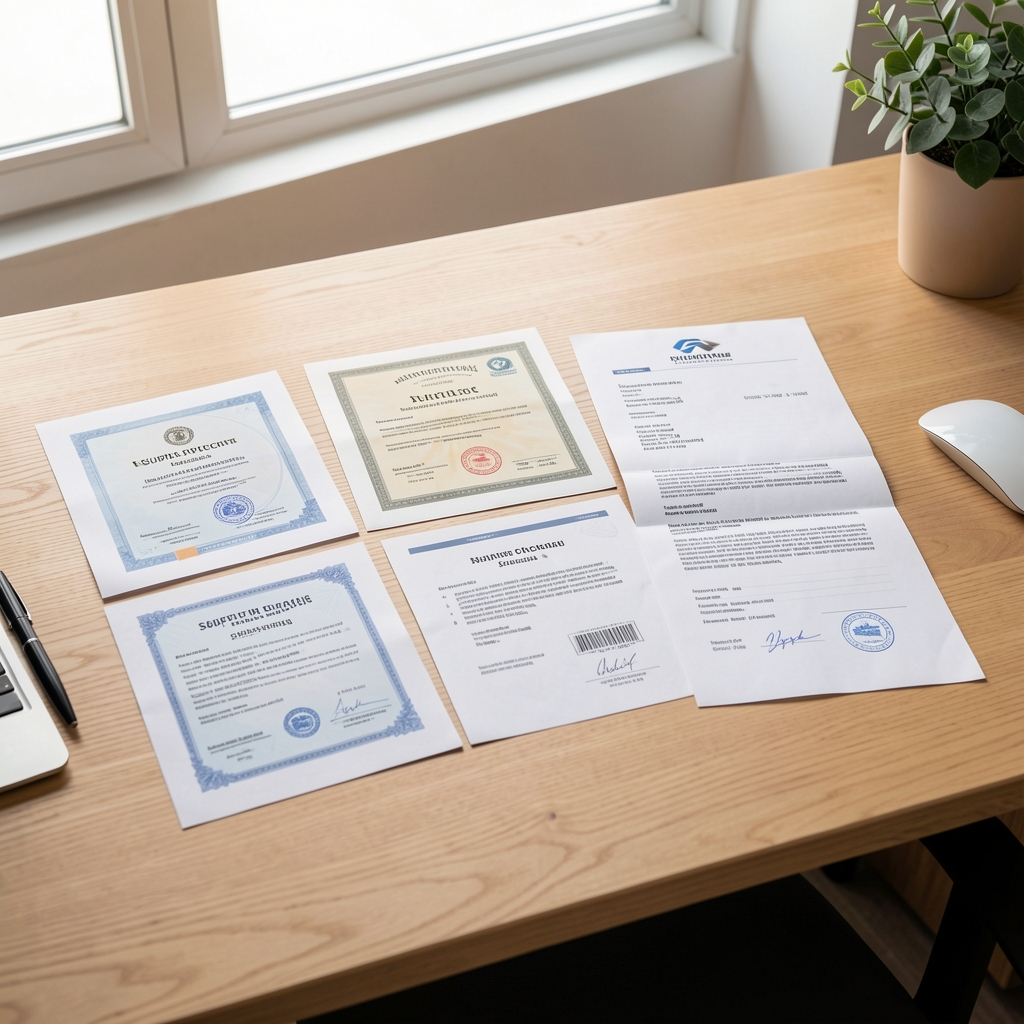 Sourcing documentation spread flat on a clean wooden desk, showing supplier certificates and origin paperwork in a well-lit workspace