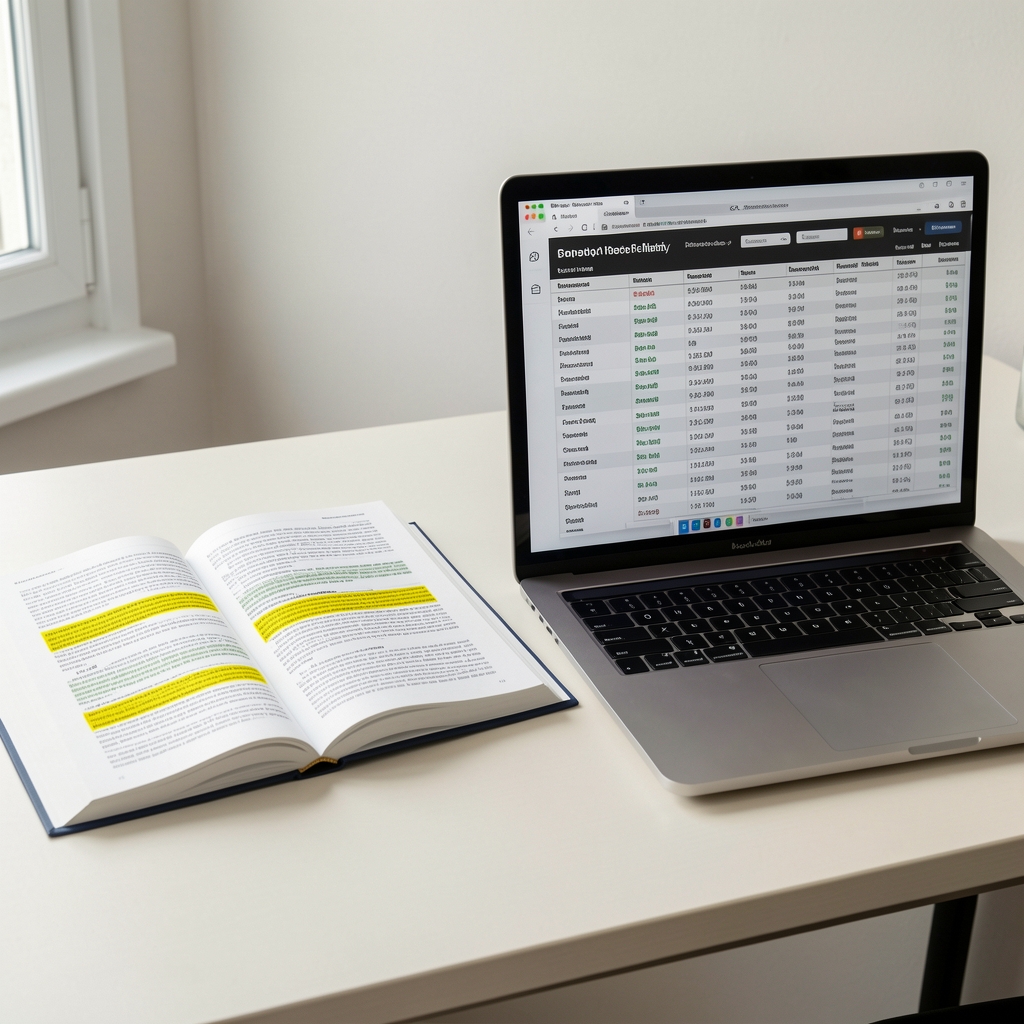 Open research journal with highlighted text passages, alongside a laptop displaying a nutritional database, on a minimalist desk surface