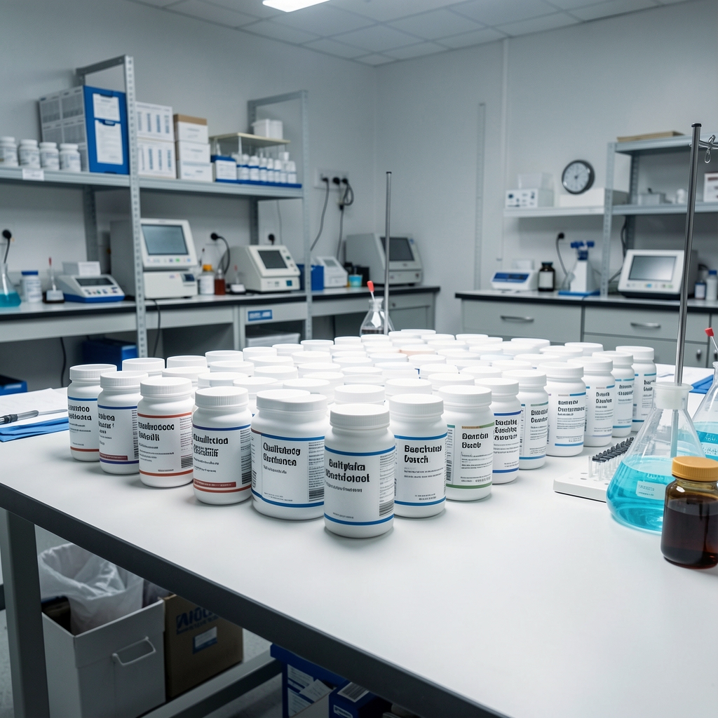 Quality-control workbench with batch-coded supplement containers arranged in rows under bright controlled studio lighting in an organised testing environment