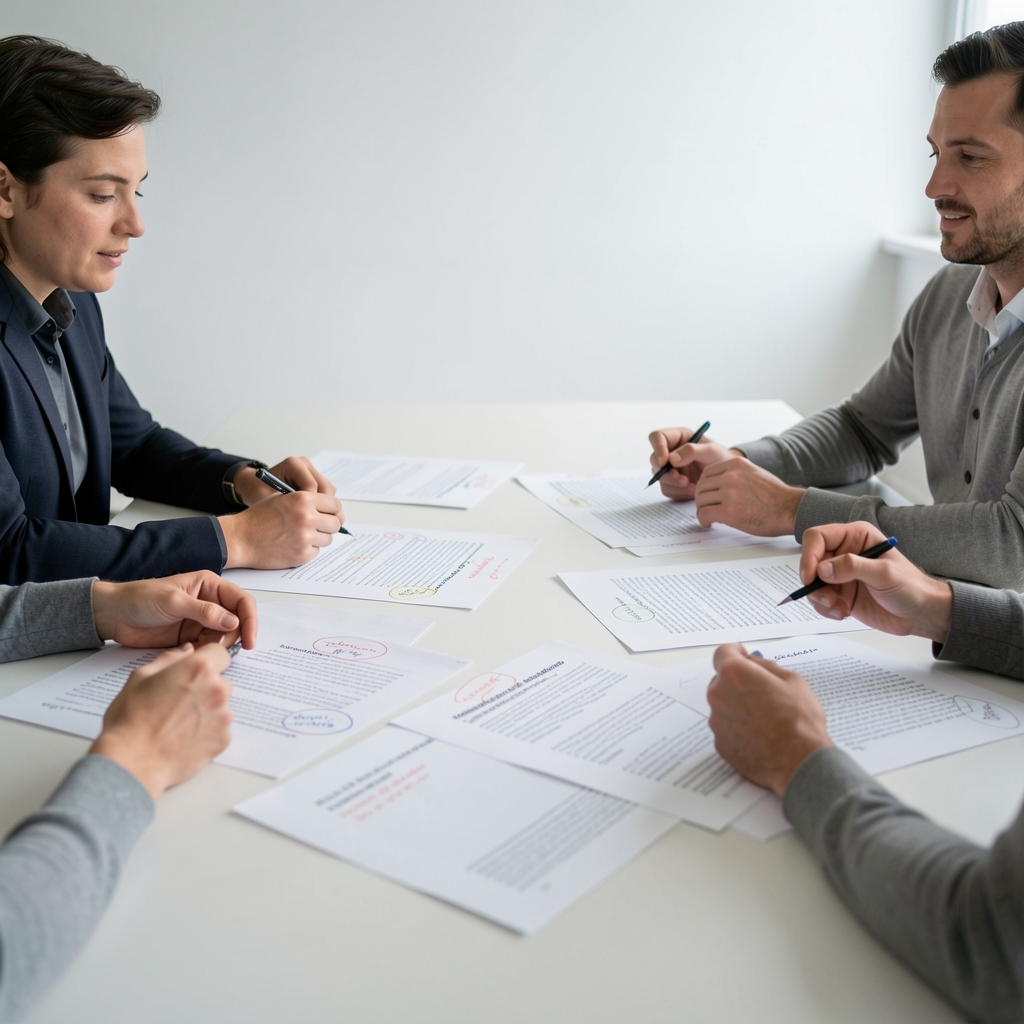 Editorial review session with printed content drafts spread across a table, annotated with review markings, in a clean minimalist studio environment