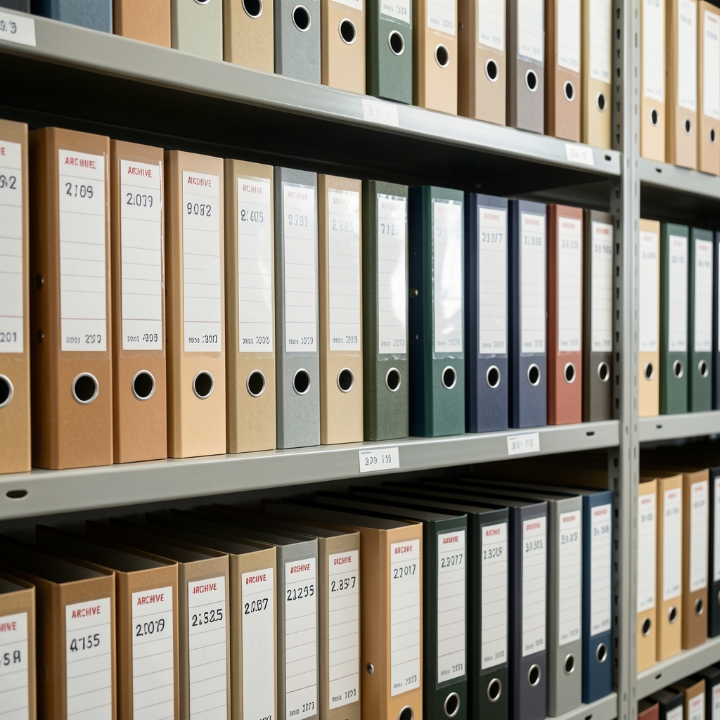 Archive folders and versioned documentation binders on shelving in an organised records storage area with consistent labelling and date stamps visible
