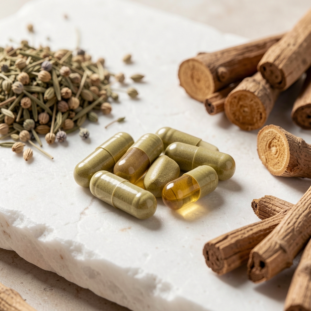Close-up of plant-based supplement soft-gels arranged on a clean white stone surface with natural ingredient samples including dried herbs and roots alongside