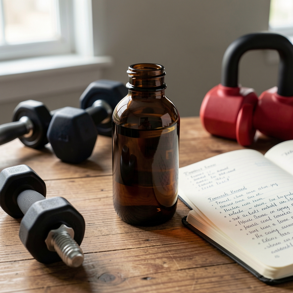 Dark amber glass bottle of plant extract on a wooden desk surrounded by gym training equipment and a open training journal with handwritten workout notes