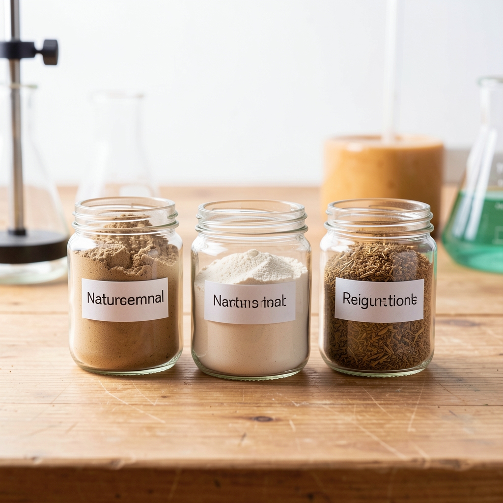 Three small glass jars containing powdered natural ingredients on a wooden laboratory bench under bright studio lighting with ingredient labels visible