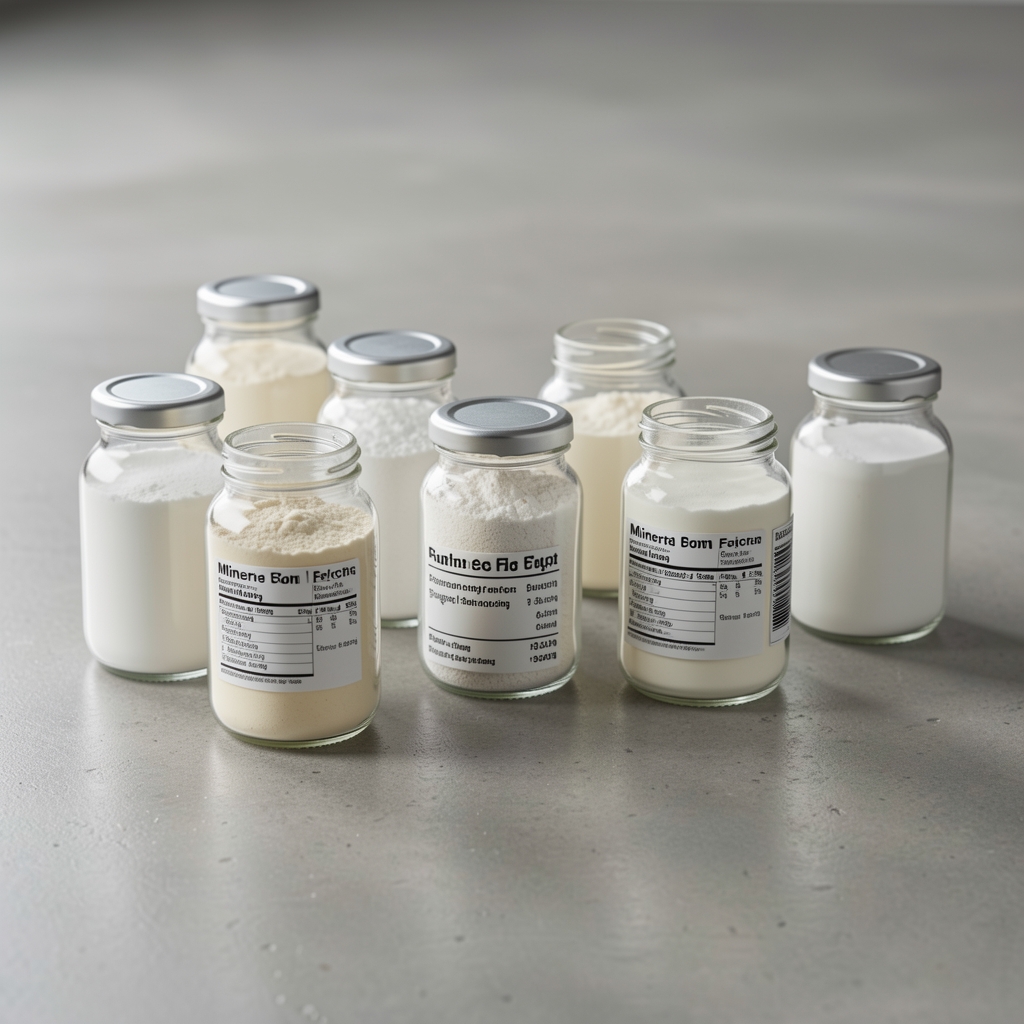 Multiple small glass bottles containing mineral supplement powders in white, cream, and off-white tones arranged on a polished concrete surface with ingredient labels