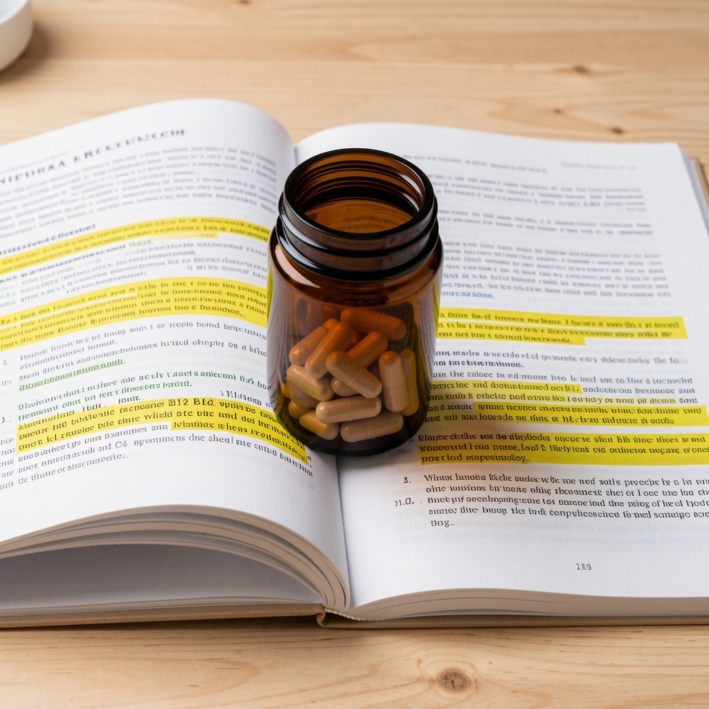 Dark amber apothecary jar of vitamin B12 supplement soft-gels resting on an open nutritional research journal with highlighted paragraphs on a light oak desk