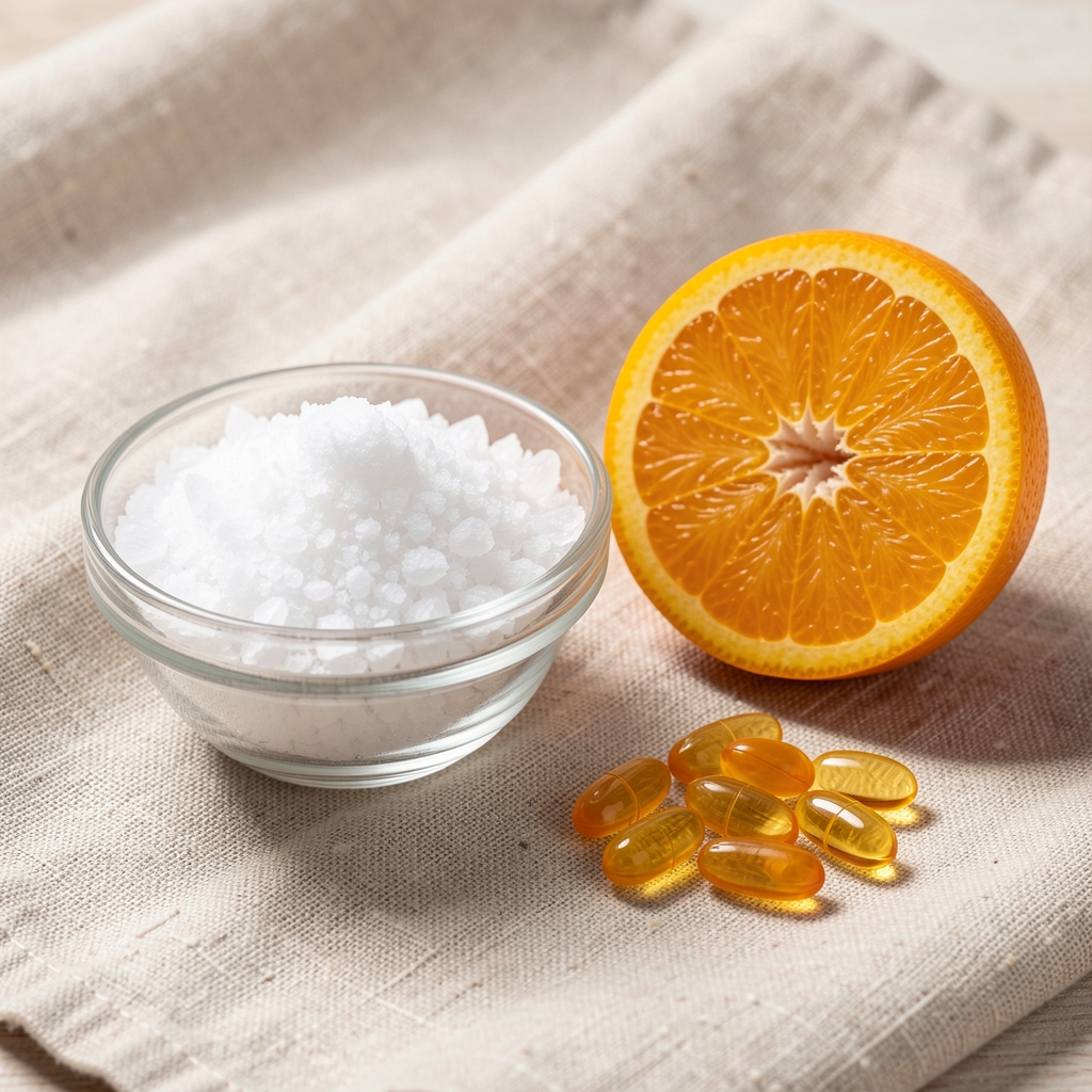Glass bowl containing selenite mineral powder next to a halved orange and vitamin C portions on a textured linen cloth surface under controlled bright lighting