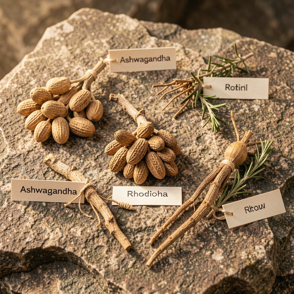 Five dried adaptogen plant roots including ashwagandha and rhodiola arranged on a rough stone surface with small label cards identifying each specimen