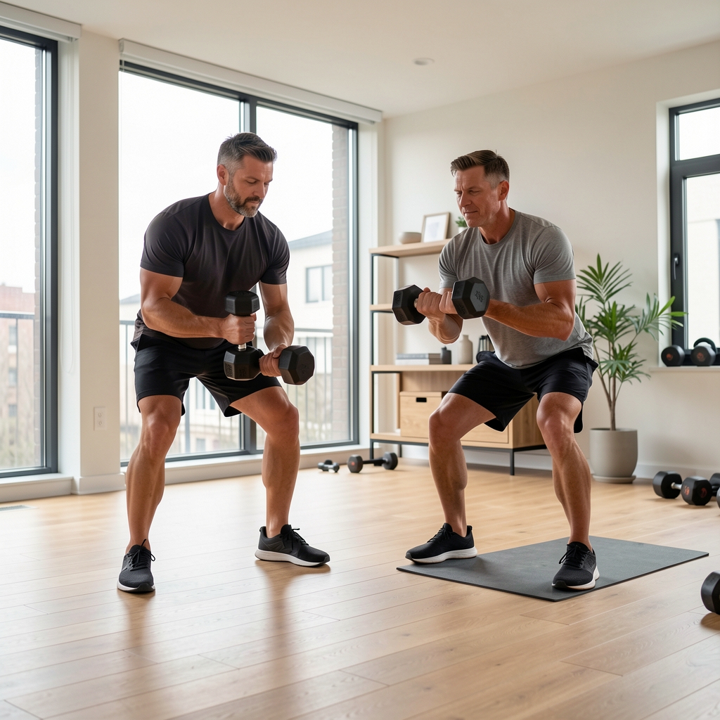Two men in their forties performing dumbbell exercises in a modern home gym space with wooden flooring, large windows, and minimal decor