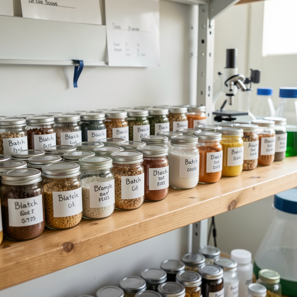 Organised rows of ingredient sample jars with handwritten batch labels on a wooden laboratory shelf in a clean workspace environment