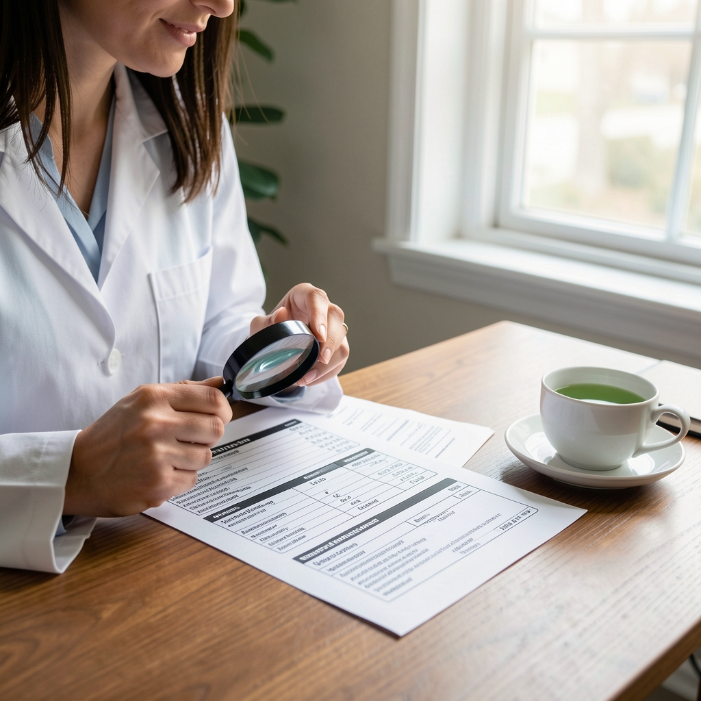 Nutrition researcher reviewing printed ingredient certificates on a desk with a magnifying glass and a cup of green tea in natural window lighting
