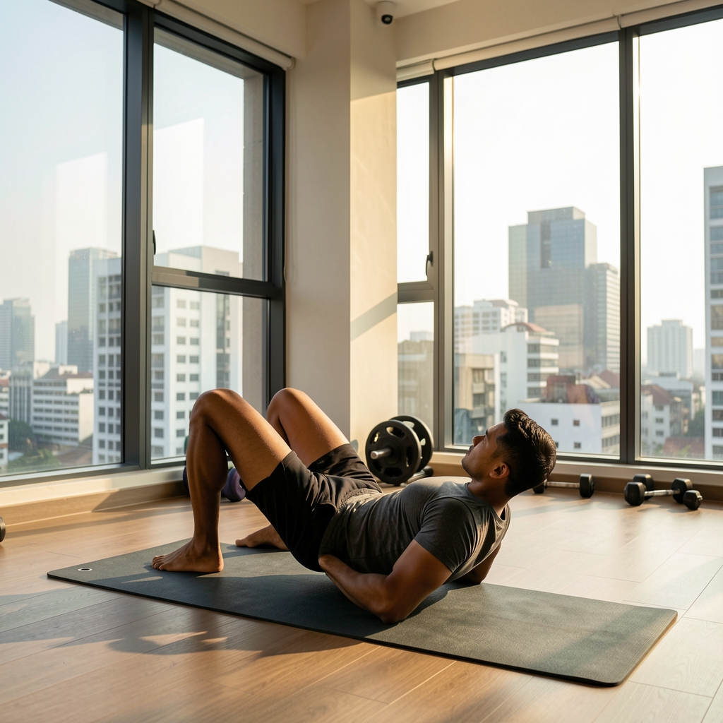 Man in athletic wear performing bodyweight training exercises in an urban Jakarta apartment with morning sunlight coming through large windows